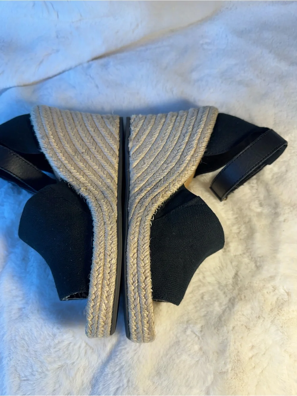 Toms Black Canvas Espadrille Marisol Wedge Sandals with Ankle Strap Size 7.5